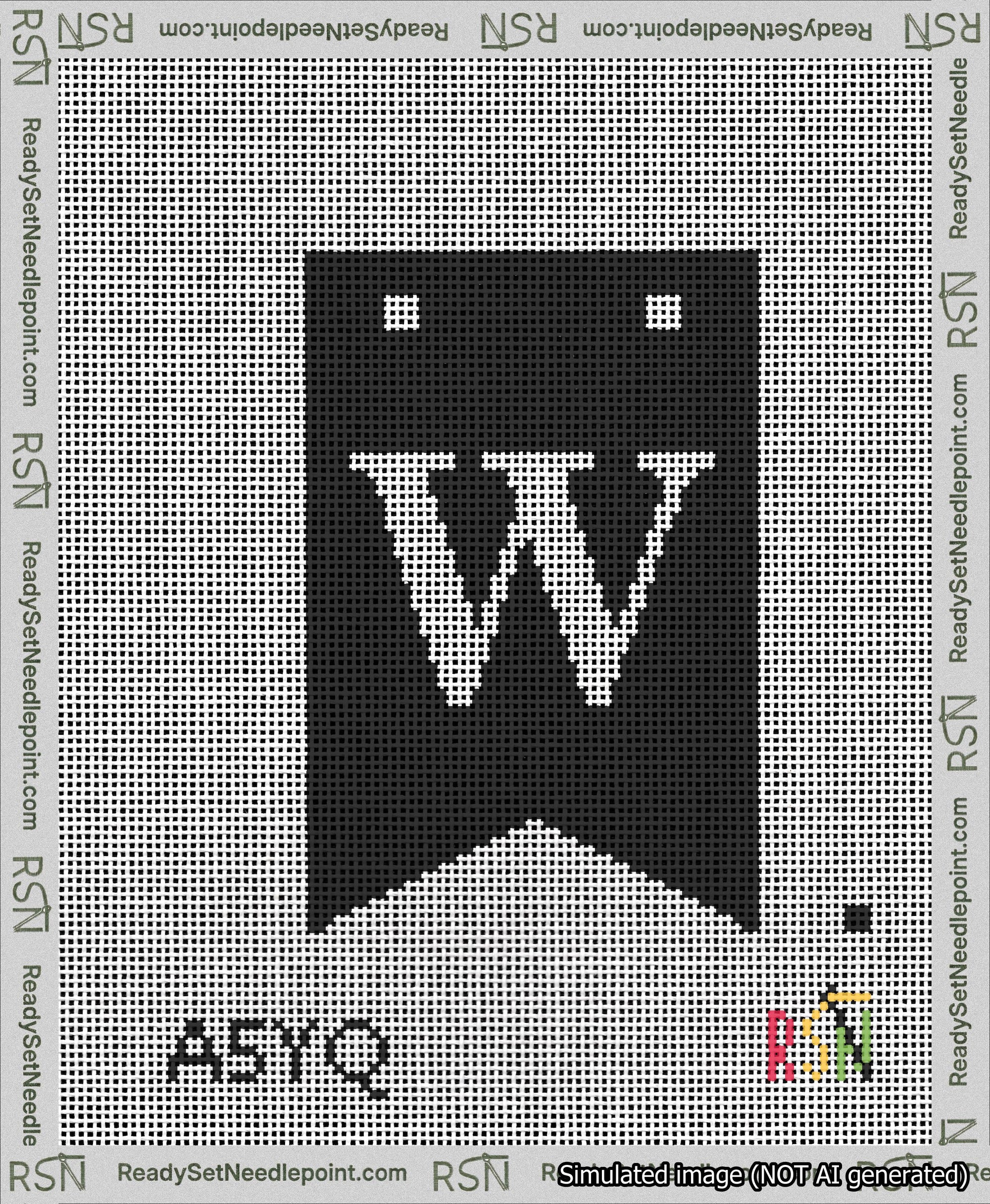 A taped needlepoint canvas with the design: Banner 13 mesh count Forked W White on Black.