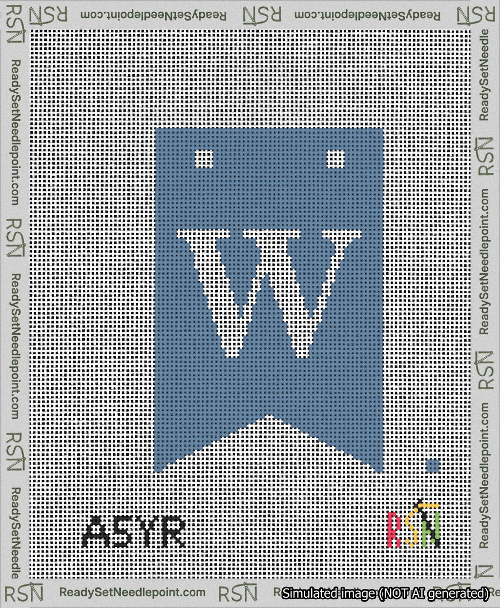 A taped needlepoint canvas with the design: Banner 13 mesh count Forked W White on Blue.