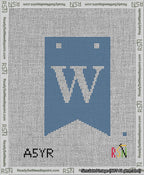 A taped needlepoint canvas with the design: Banner 13 mesh count Forked W White on Blue.