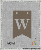 A taped needlepoint canvas with the design: Banner 13 mesh count Forked W White on Brown.