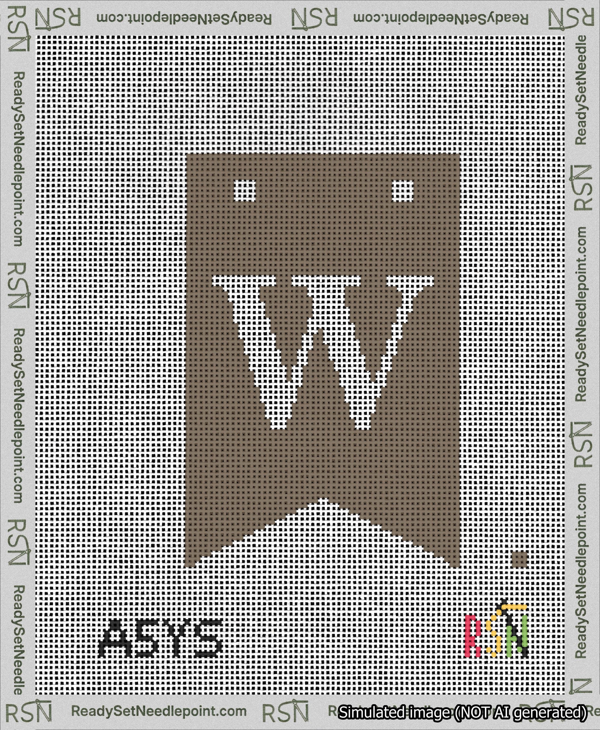 A taped needlepoint canvas with the design: Banner 13 mesh count Forked W White on Brown.