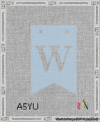 A taped needlepoint canvas with the design: Banner 13 mesh count Forked W White on Light Blue.