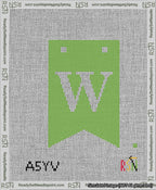 A taped needlepoint canvas with the design: Banner 13 mesh count Forked W White on Light Green.