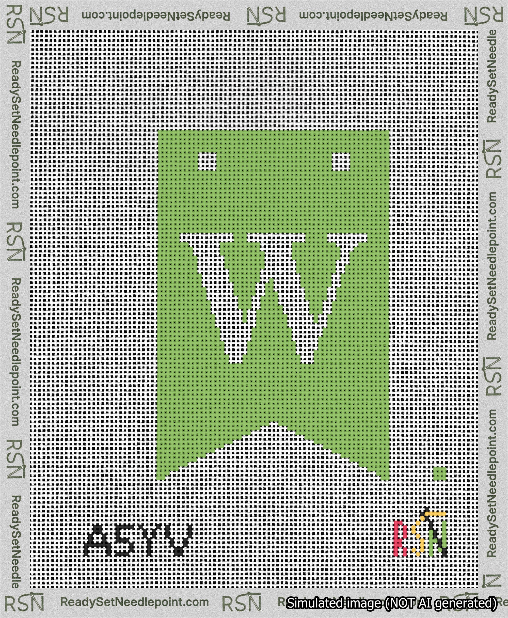 A taped needlepoint canvas with the design: Banner 13 mesh count Forked W White on Light Green.