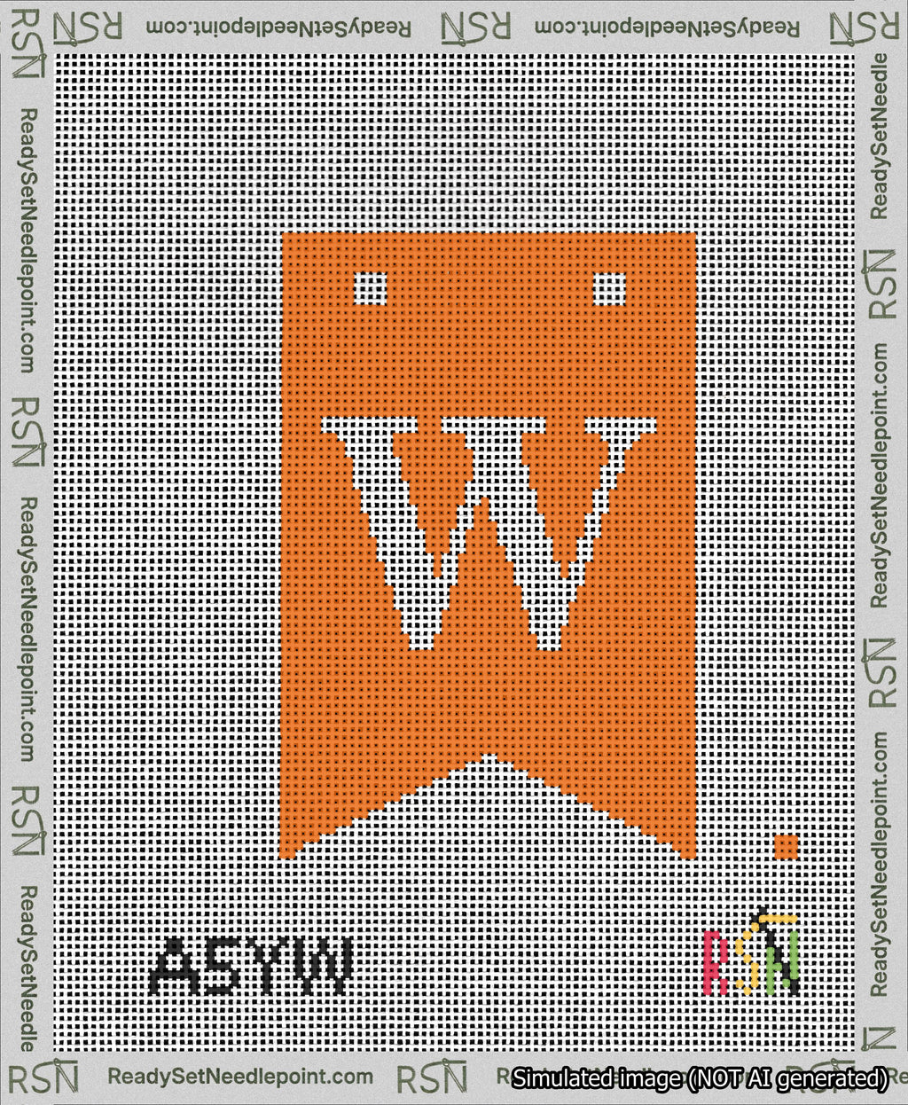 A taped needlepoint canvas with the design: Banner 13 mesh count Forked W White on Orange.