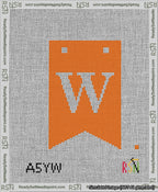 A taped needlepoint canvas with the design: Banner 13 mesh count Forked W White on Orange.