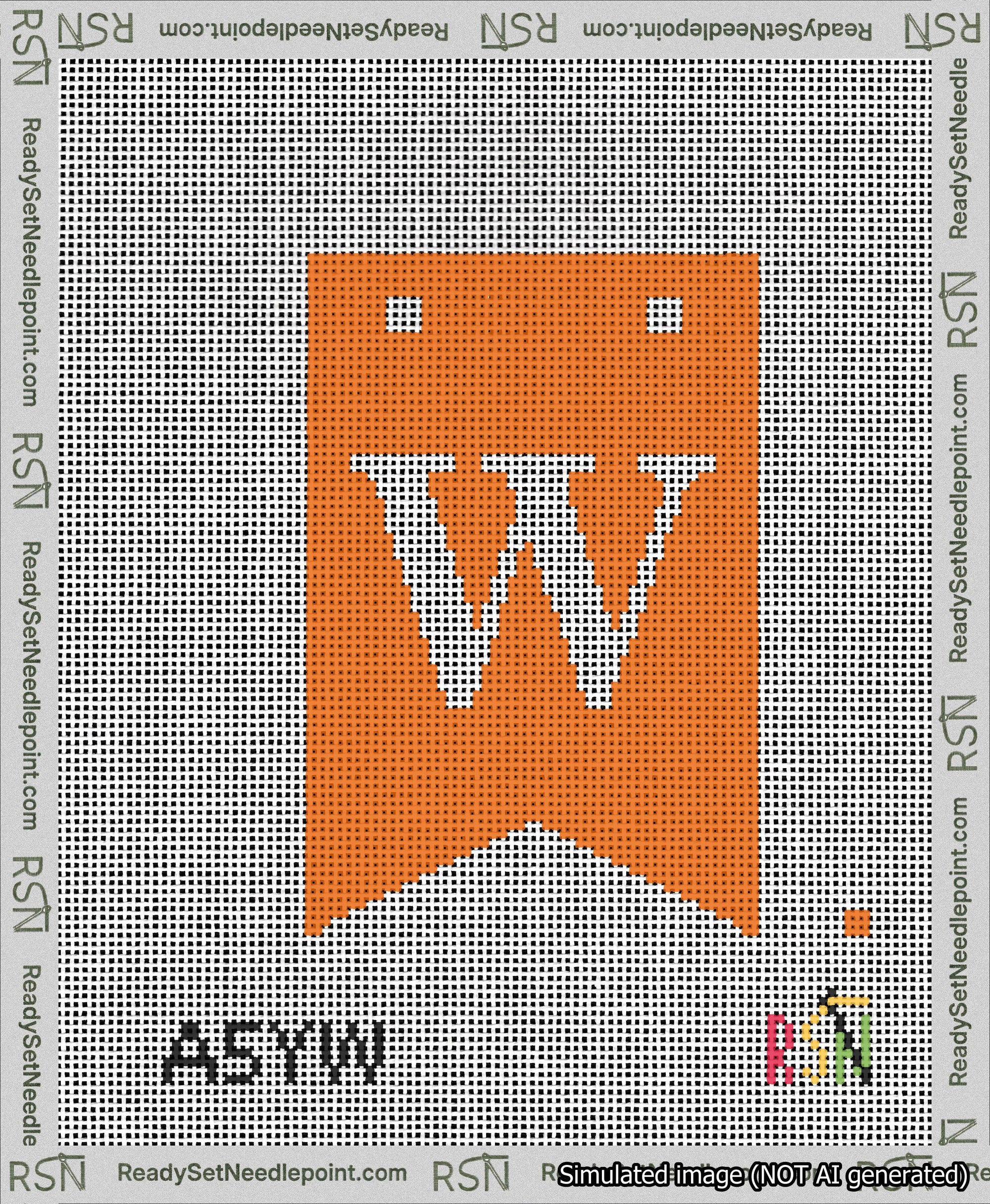 A taped needlepoint canvas with the design: Banner 13 mesh count Forked W White on Orange.