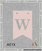A taped needlepoint canvas with the design: Banner 13 mesh count Forked W White on Pink.