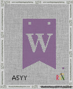 A taped needlepoint canvas with the design: Banner 13 mesh count Forked W White on Purple.