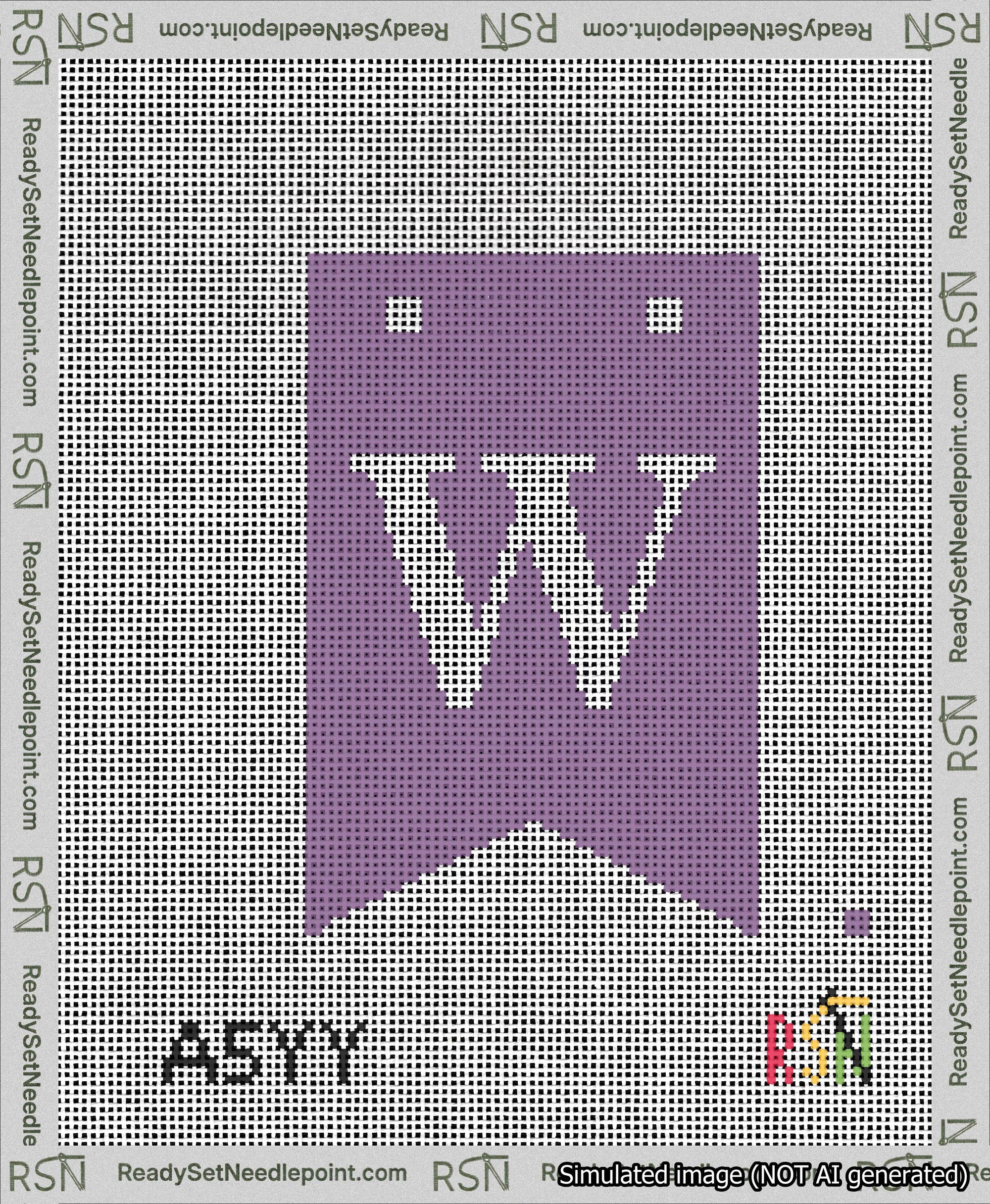 A taped needlepoint canvas with the design: Banner 13 mesh count Forked W White on Purple.
