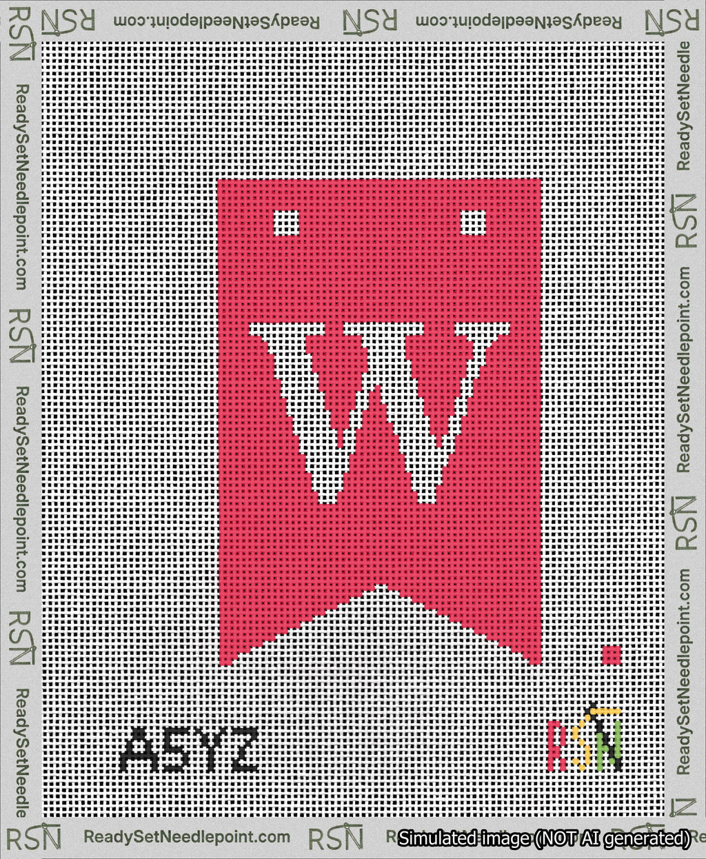 A taped needlepoint canvas with the design: Banner 13 mesh count Forked W White on Red.