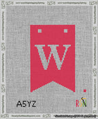 A taped needlepoint canvas with the design: Banner 13 mesh count Forked W White on Red.