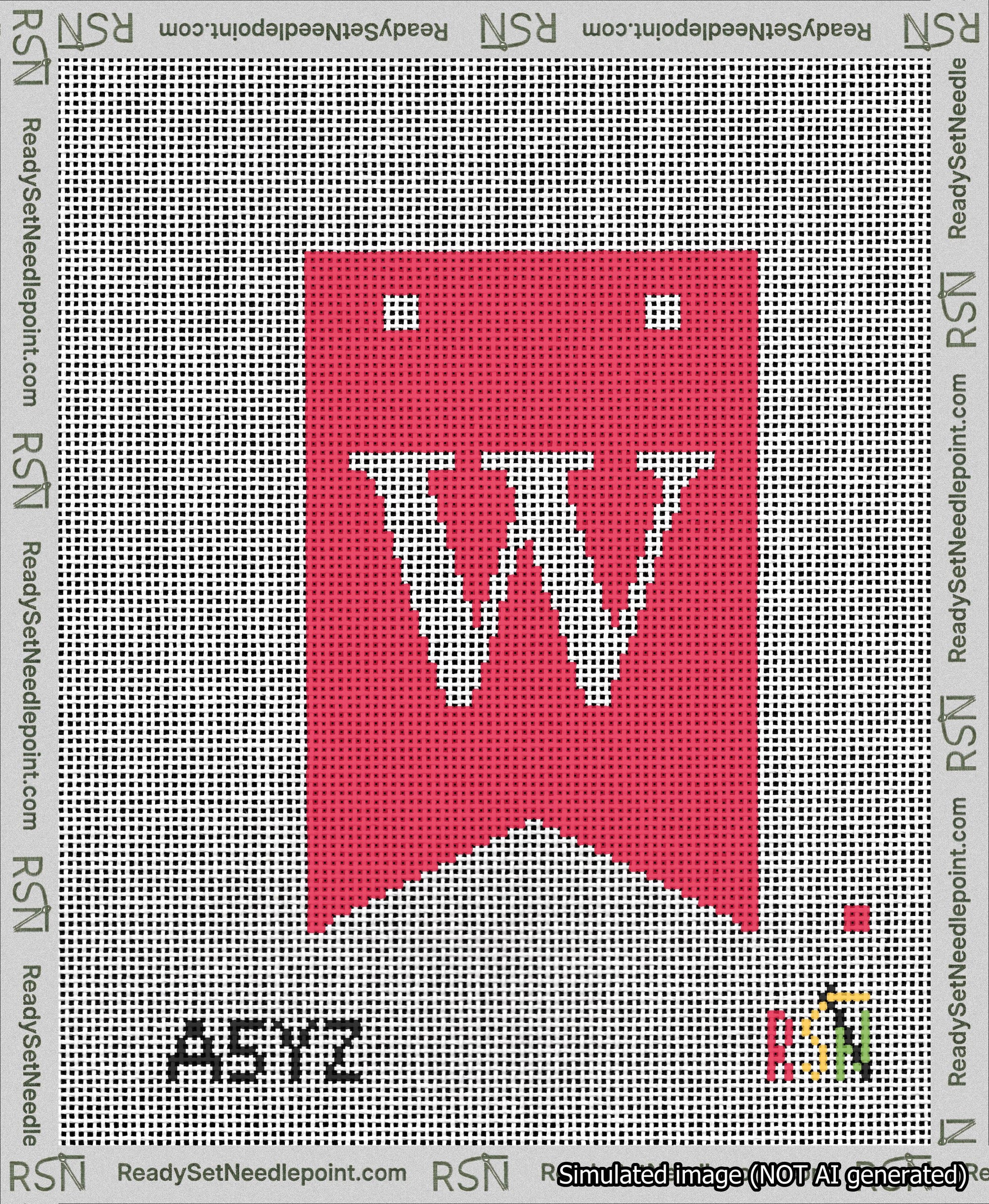 A taped needlepoint canvas with the design: Banner 13 mesh count Forked W White on Red.