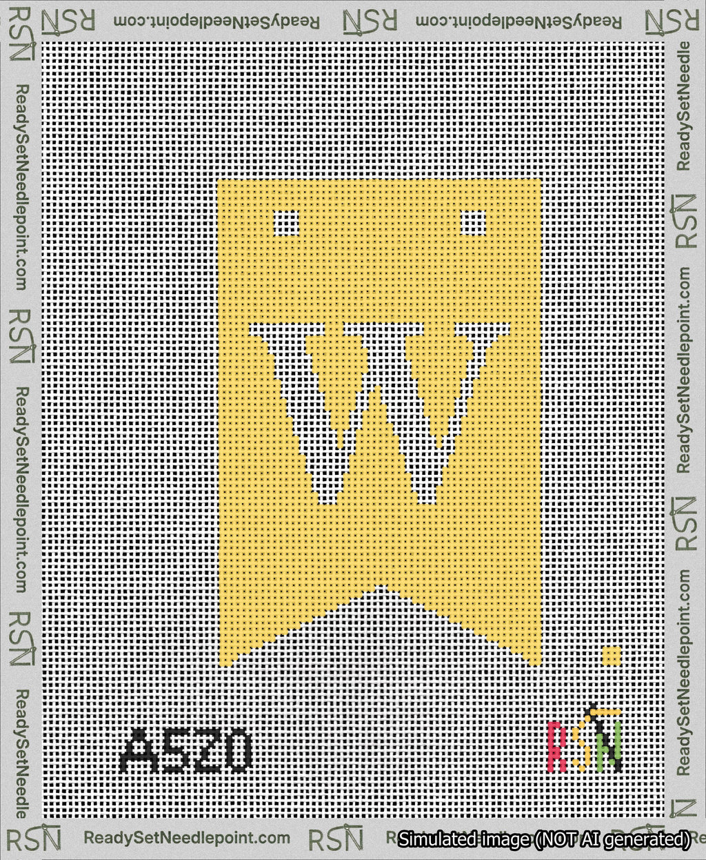 A taped needlepoint canvas with the design: Banner 13 mesh count Forked W White on Yellow.