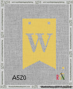 A taped needlepoint canvas with the design: Banner 13 mesh count Forked W White on Yellow.