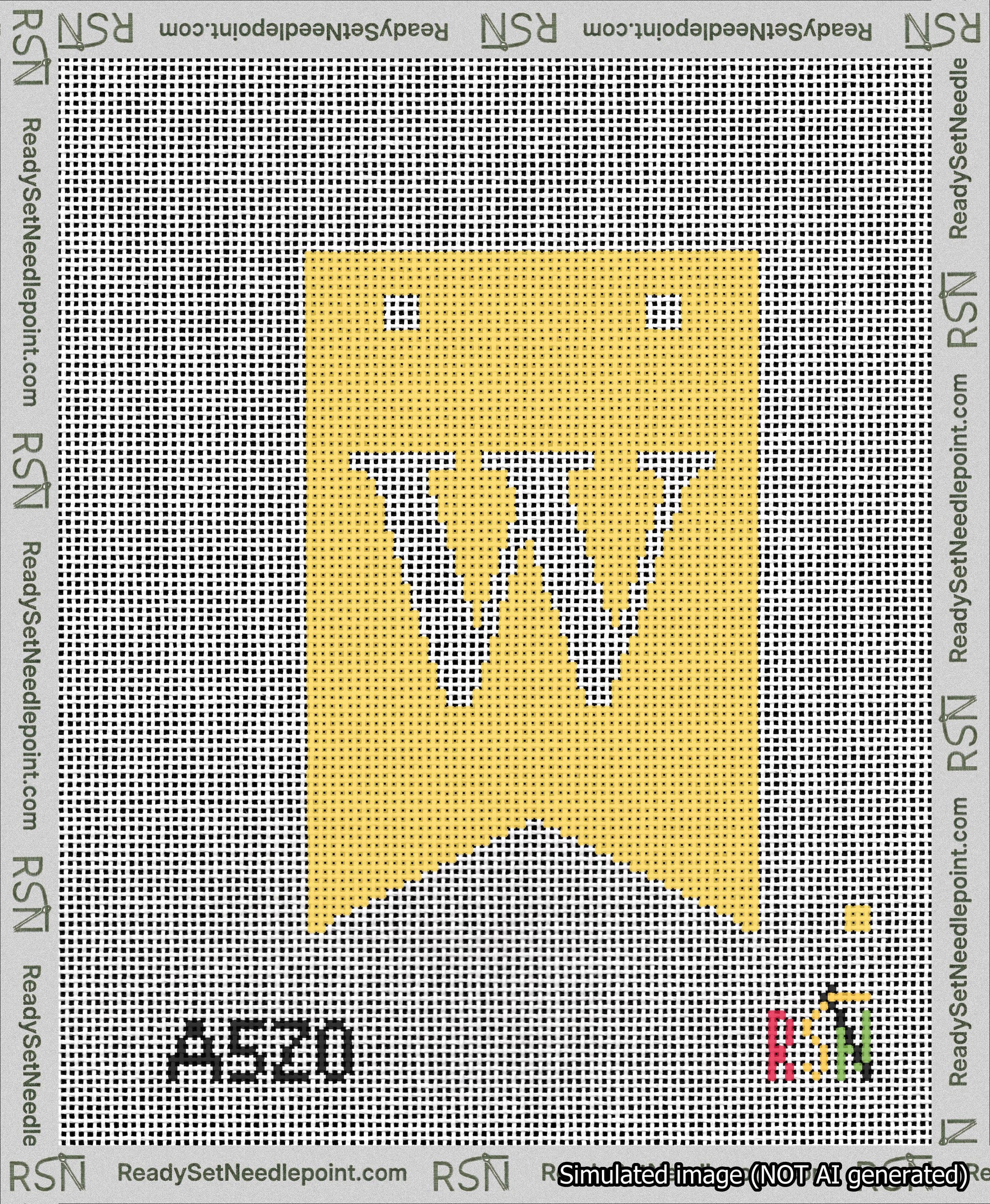 A taped needlepoint canvas with the design: Banner 13 mesh count Forked W White on Yellow.