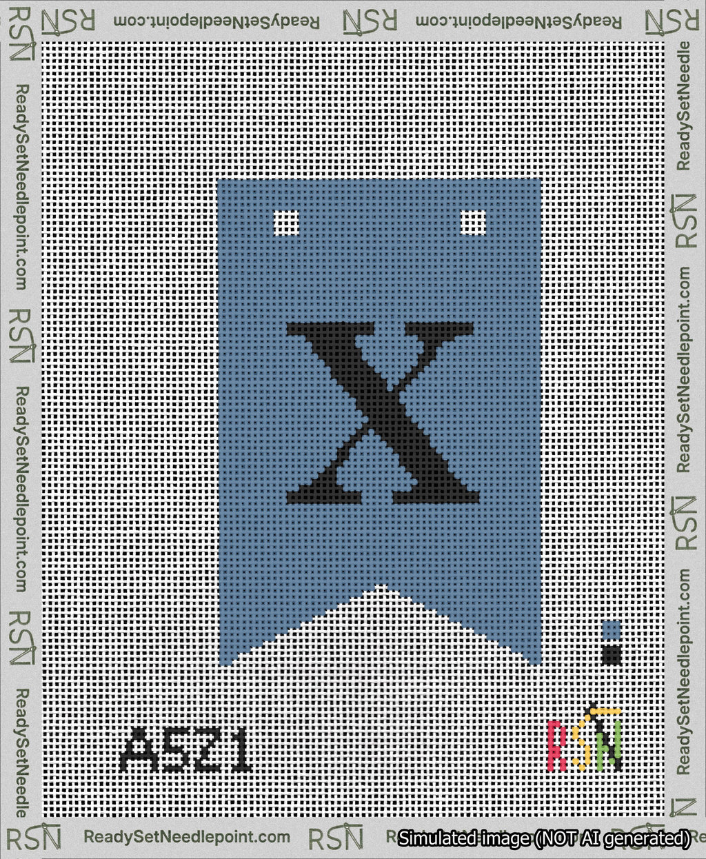 A taped needlepoint canvas with the design: Banner 13 mesh count Forked X Black on Blue.