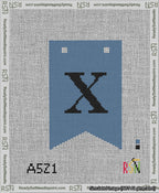 A taped needlepoint canvas with the design: Banner 13 mesh count Forked X Black on Blue.