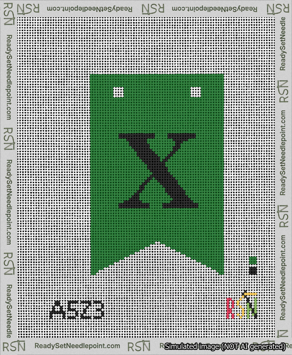 A taped needlepoint canvas with the design: Banner 13 mesh count Forked X Black on Green.
