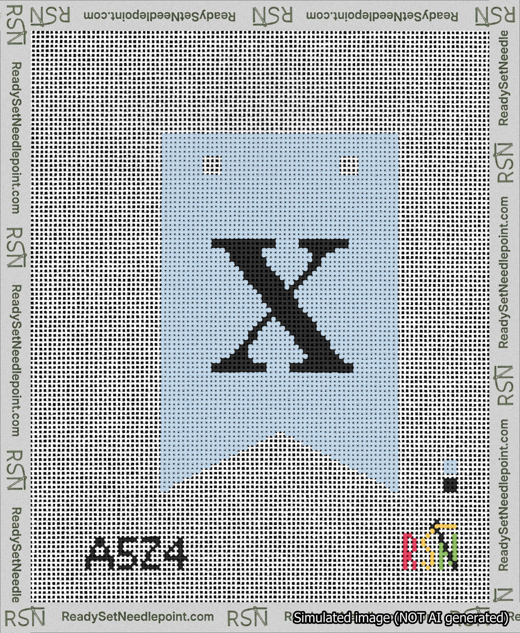 A taped needlepoint canvas with the design: Banner 13 mesh count Forked X Black on Light Blue.