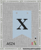 A taped needlepoint canvas with the design: Banner 13 mesh count Forked X Black on Light Blue.
