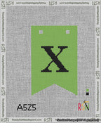 A taped needlepoint canvas with the design: Banner 13 mesh count Forked X Black on Light Green.