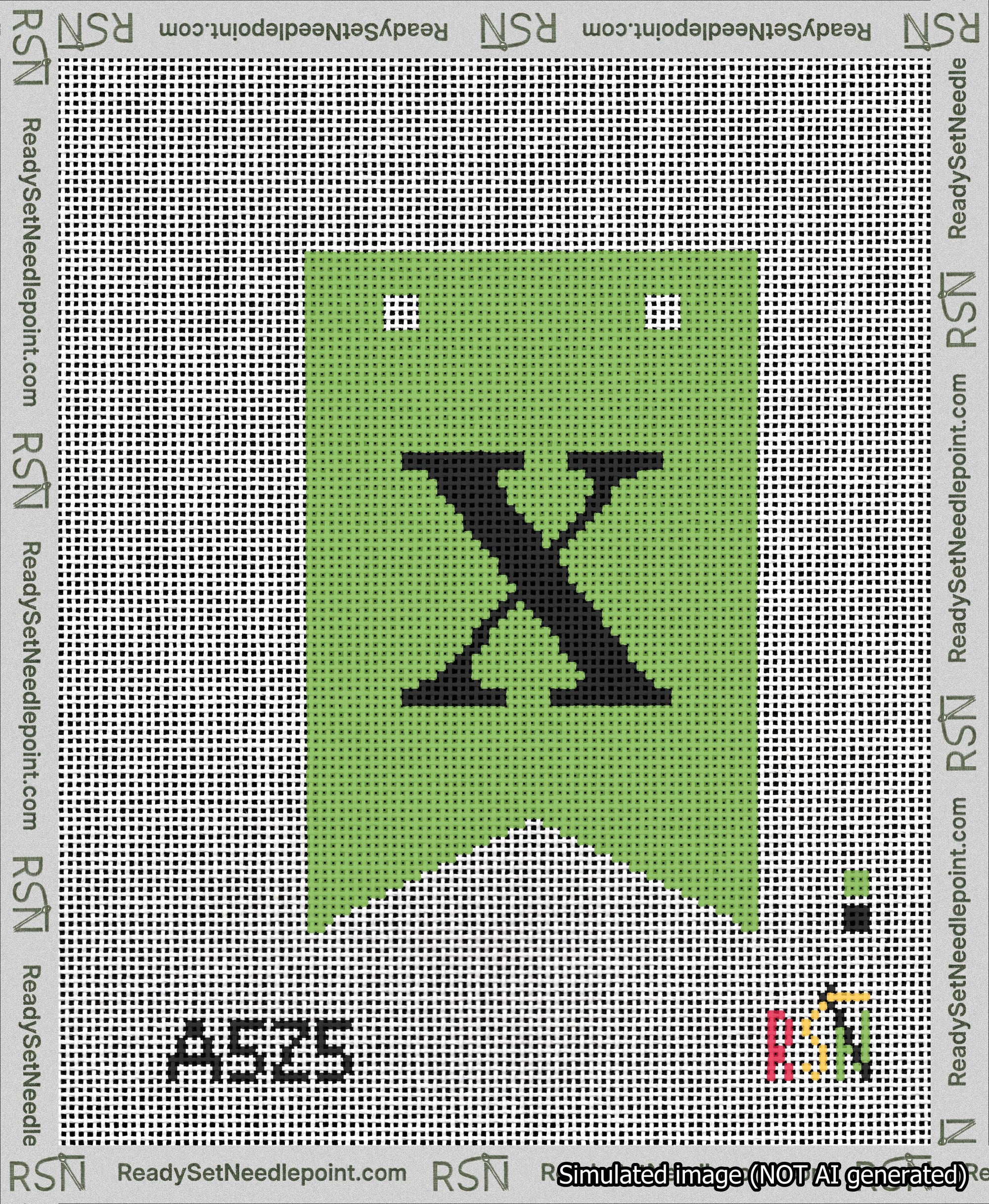 A taped needlepoint canvas with the design: Banner 13 mesh count Forked X Black on Light Green.