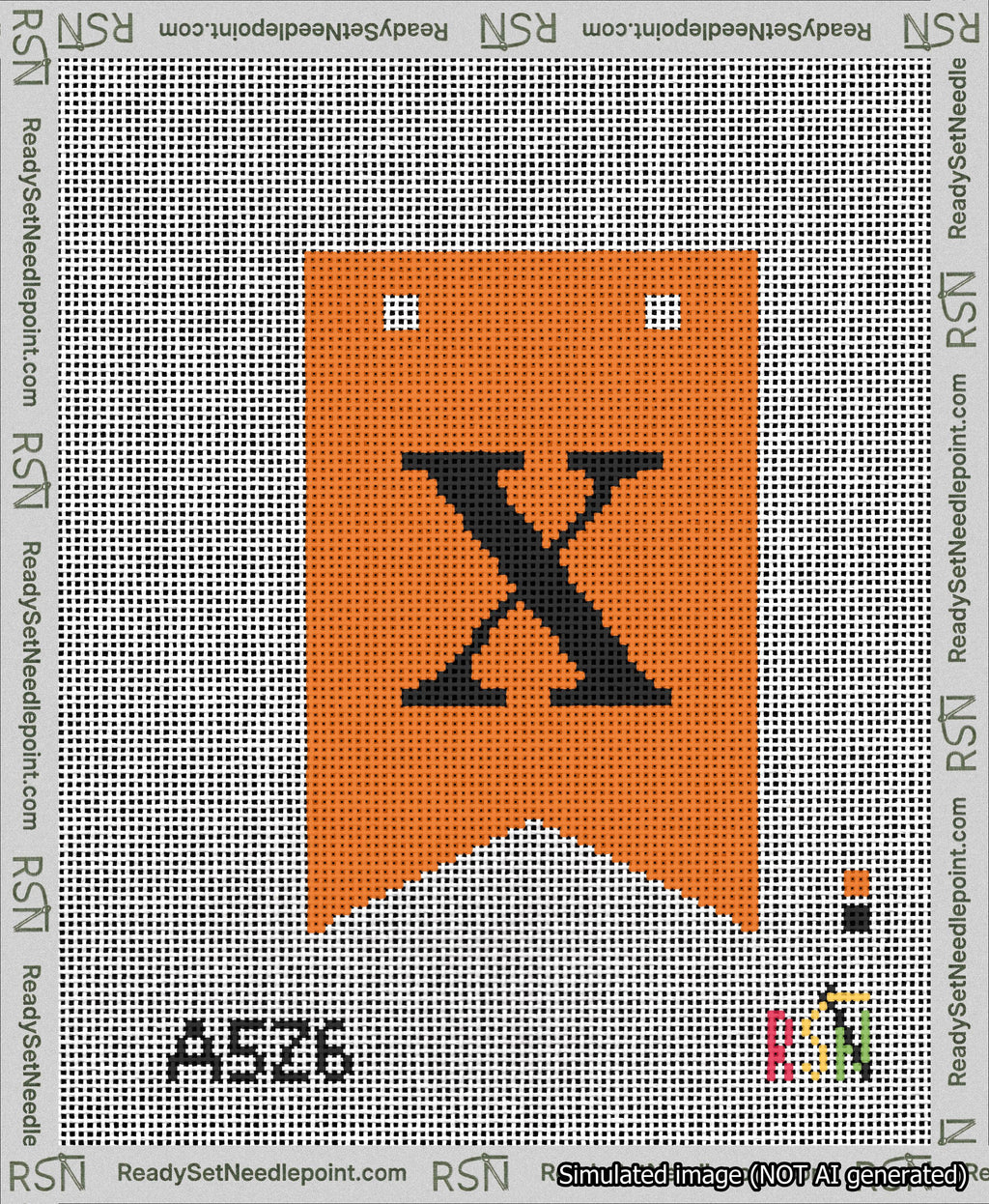 A taped needlepoint canvas with the design: Banner 13 mesh count Forked X Black on Orange.
