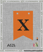 A taped needlepoint canvas with the design: Banner 13 mesh count Forked X Black on Orange.