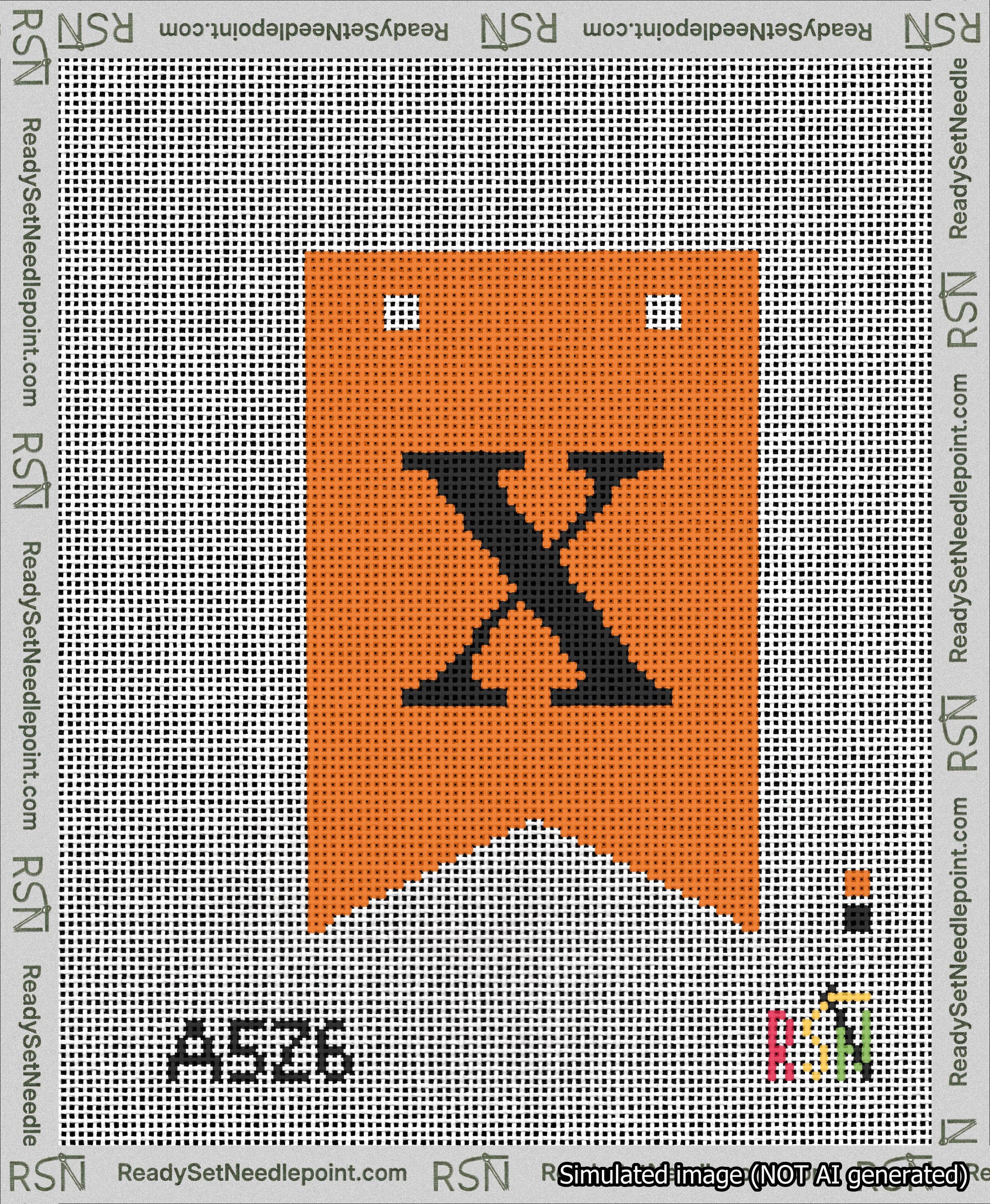 A taped needlepoint canvas with the design: Banner 13 mesh count Forked X Black on Orange.