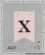 A taped needlepoint canvas with the design: Banner 13 mesh count Forked X Black on Pink.