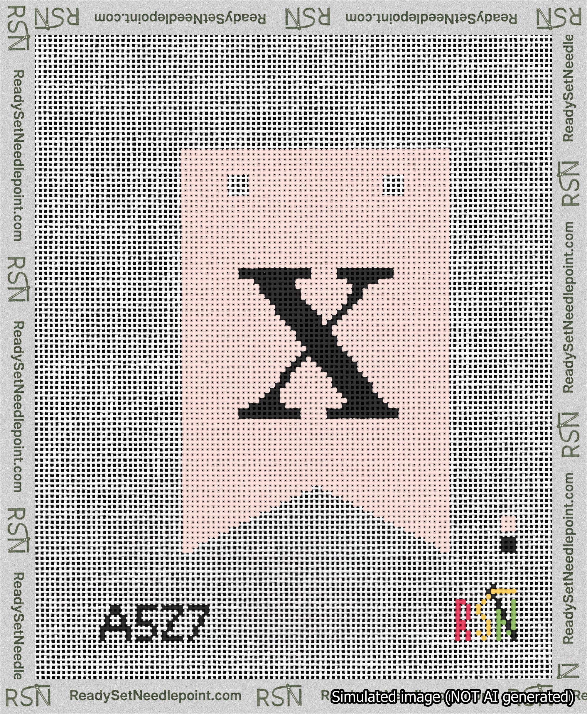 A taped needlepoint canvas with the design: Banner 13 mesh count Forked X Black on Pink.