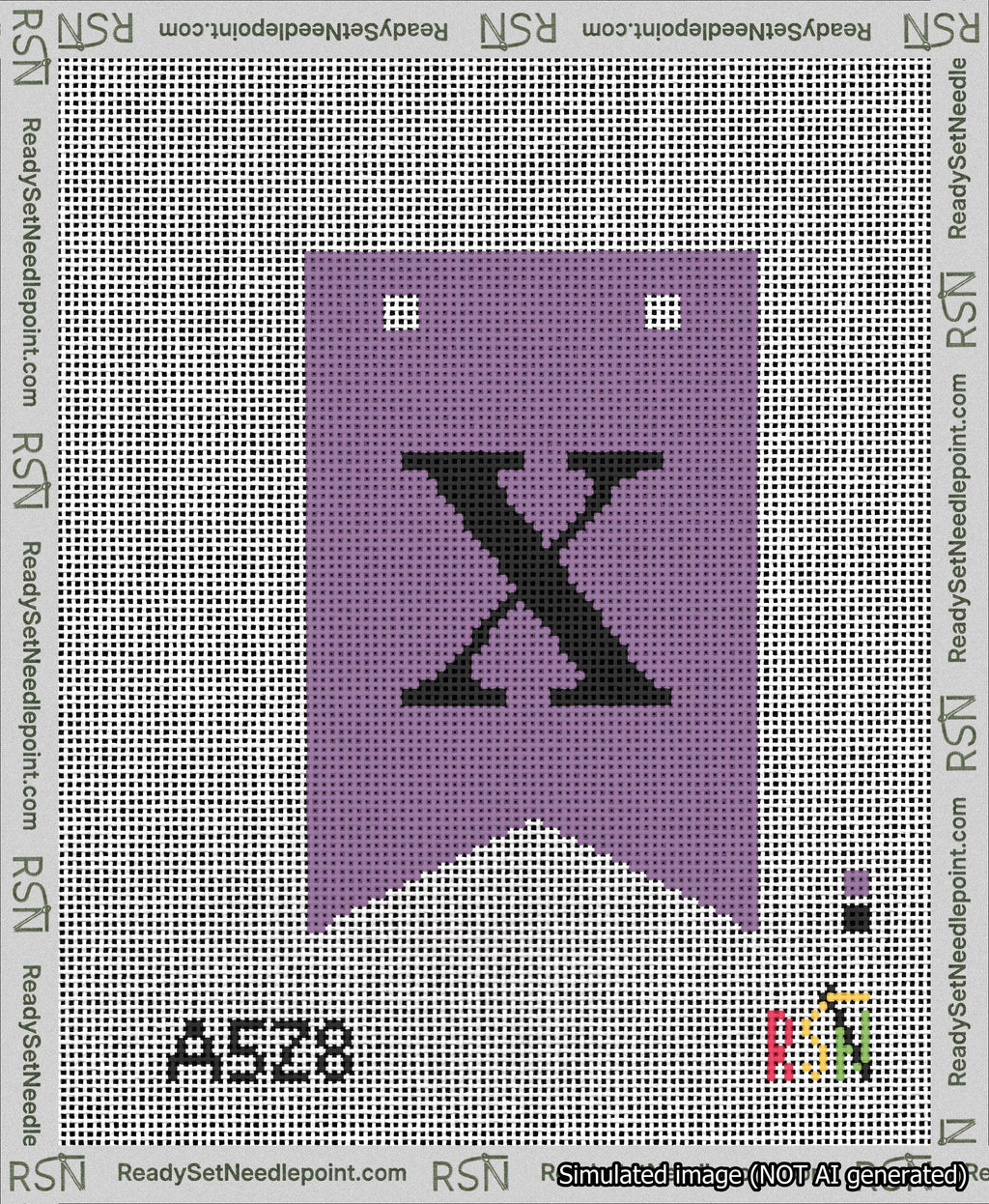 A taped needlepoint canvas with the design: Banner 13 mesh count Forked X Black on Purple.