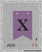 A taped needlepoint canvas with the design: Banner 13 mesh count Forked X Black on Purple.