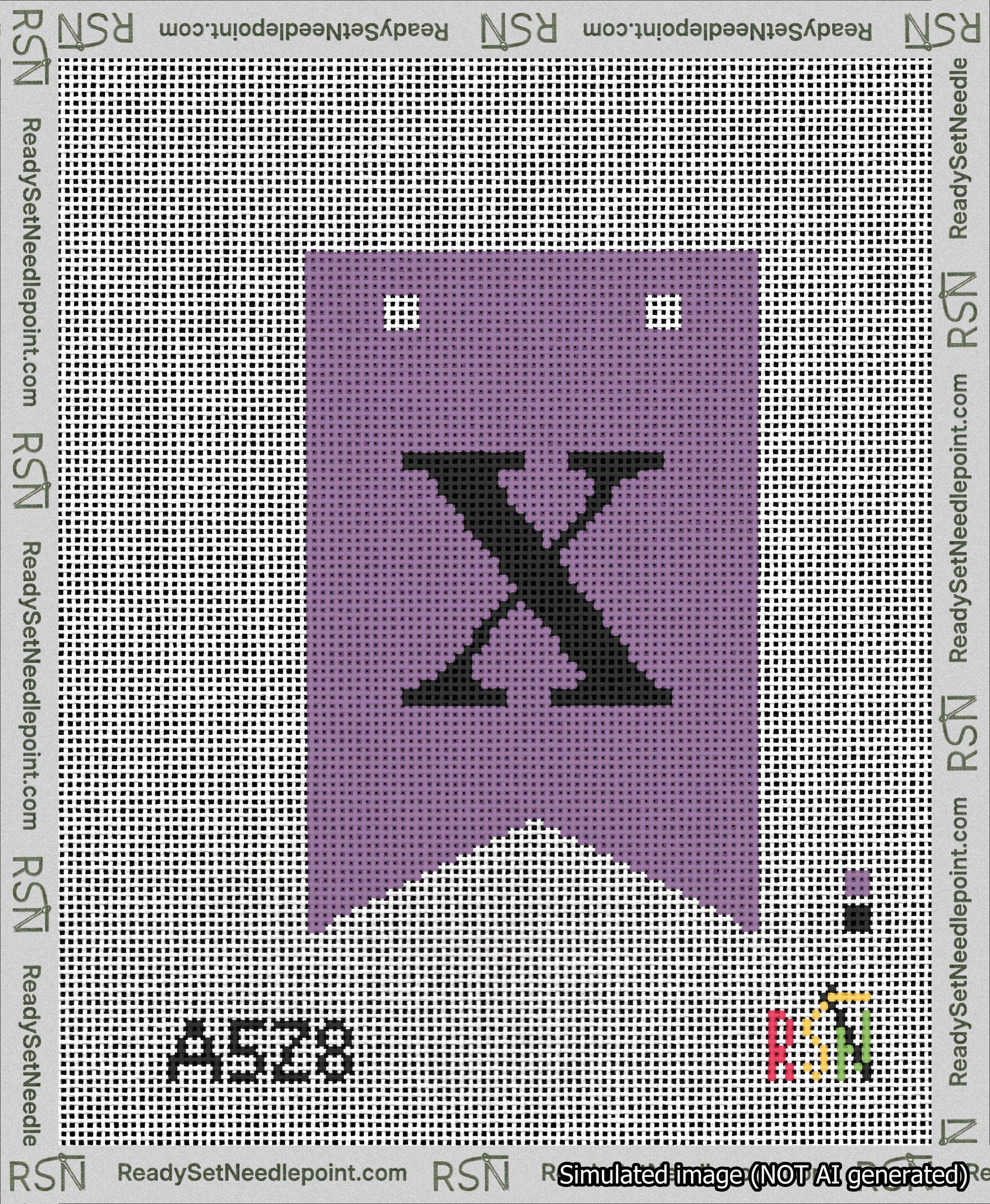 A taped needlepoint canvas with the design: Banner 13 mesh count Forked X Black on Purple.