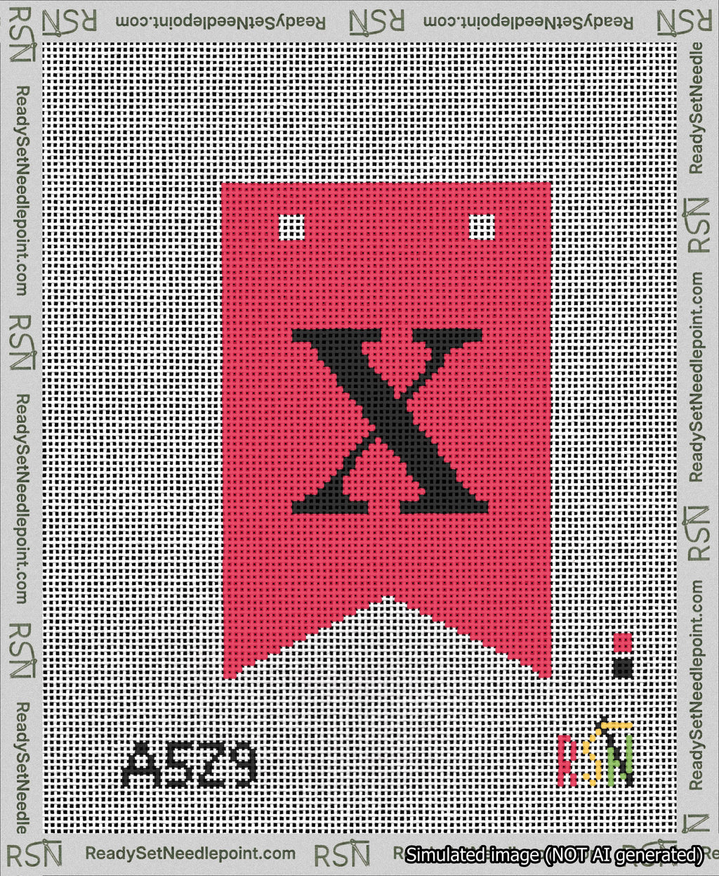 A taped needlepoint canvas with the design: Banner 13 mesh count Forked X Black on Red.