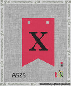 A taped needlepoint canvas with the design: Banner 13 mesh count Forked X Black on Red.