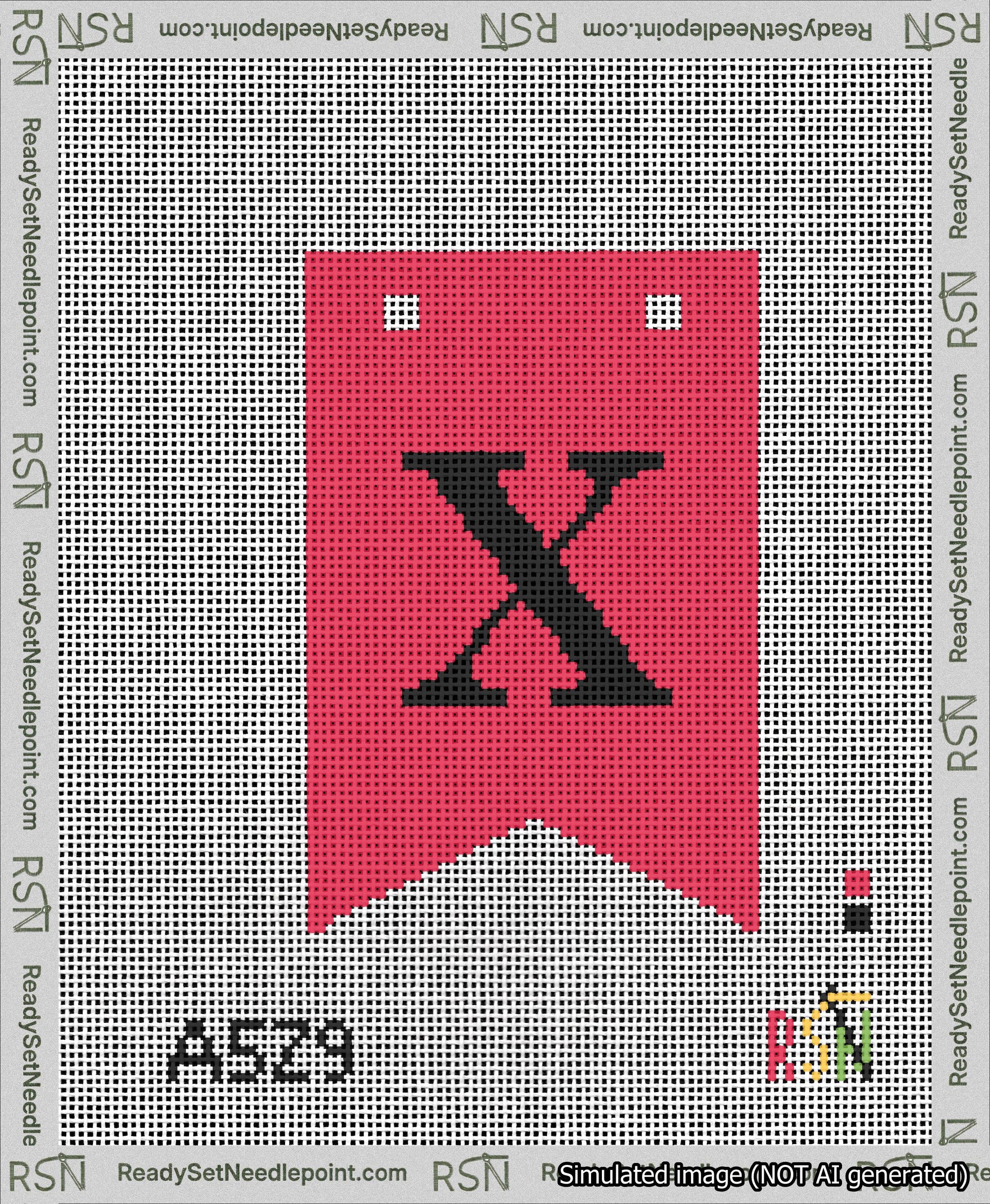 A taped needlepoint canvas with the design: Banner 13 mesh count Forked X Black on Red.
