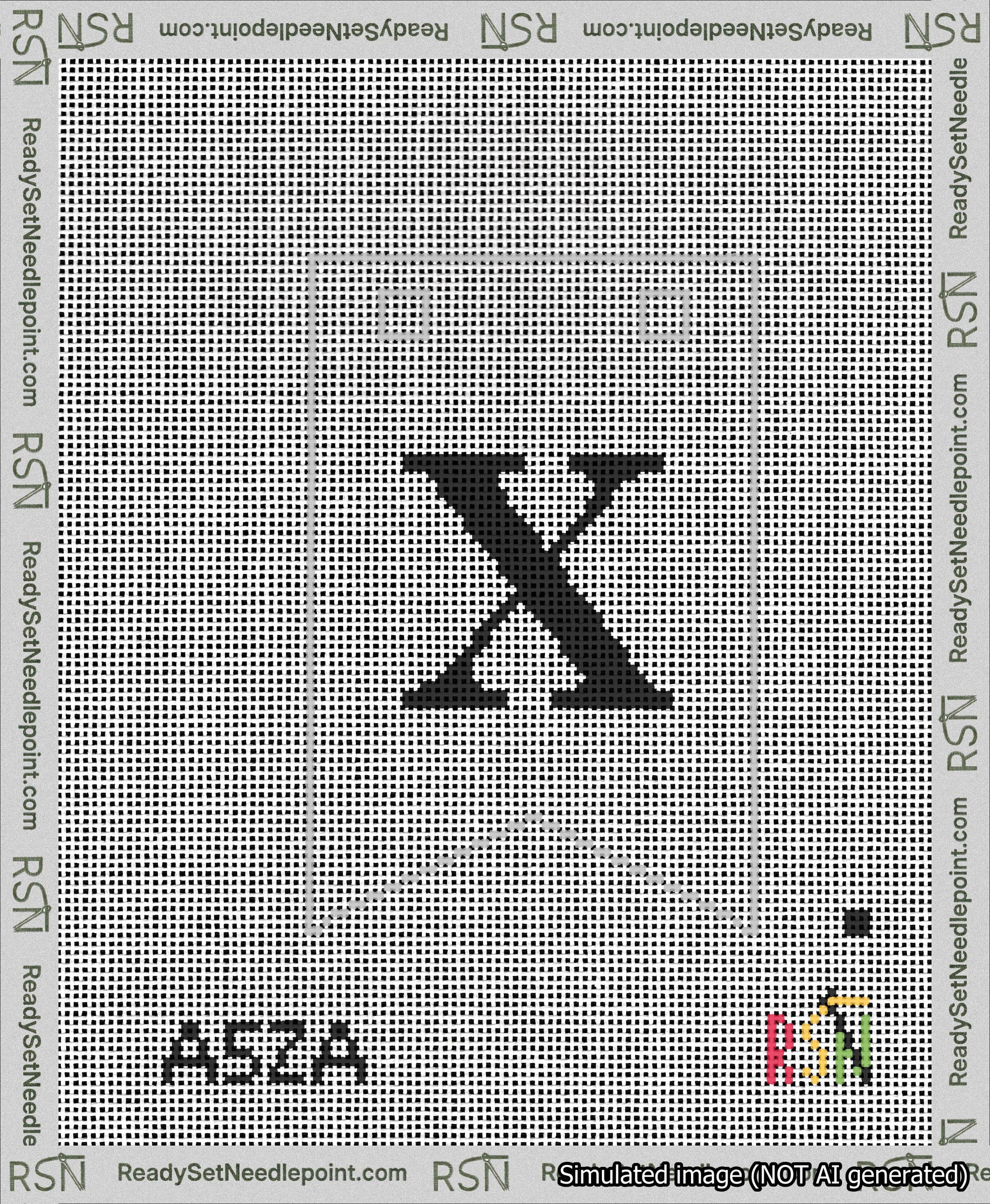 A taped needlepoint canvas with the design: Banner 13 mesh count Forked X Black on White.