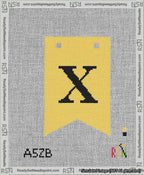 A taped needlepoint canvas with the design: Banner 13 mesh count Forked X Black on Yellow.