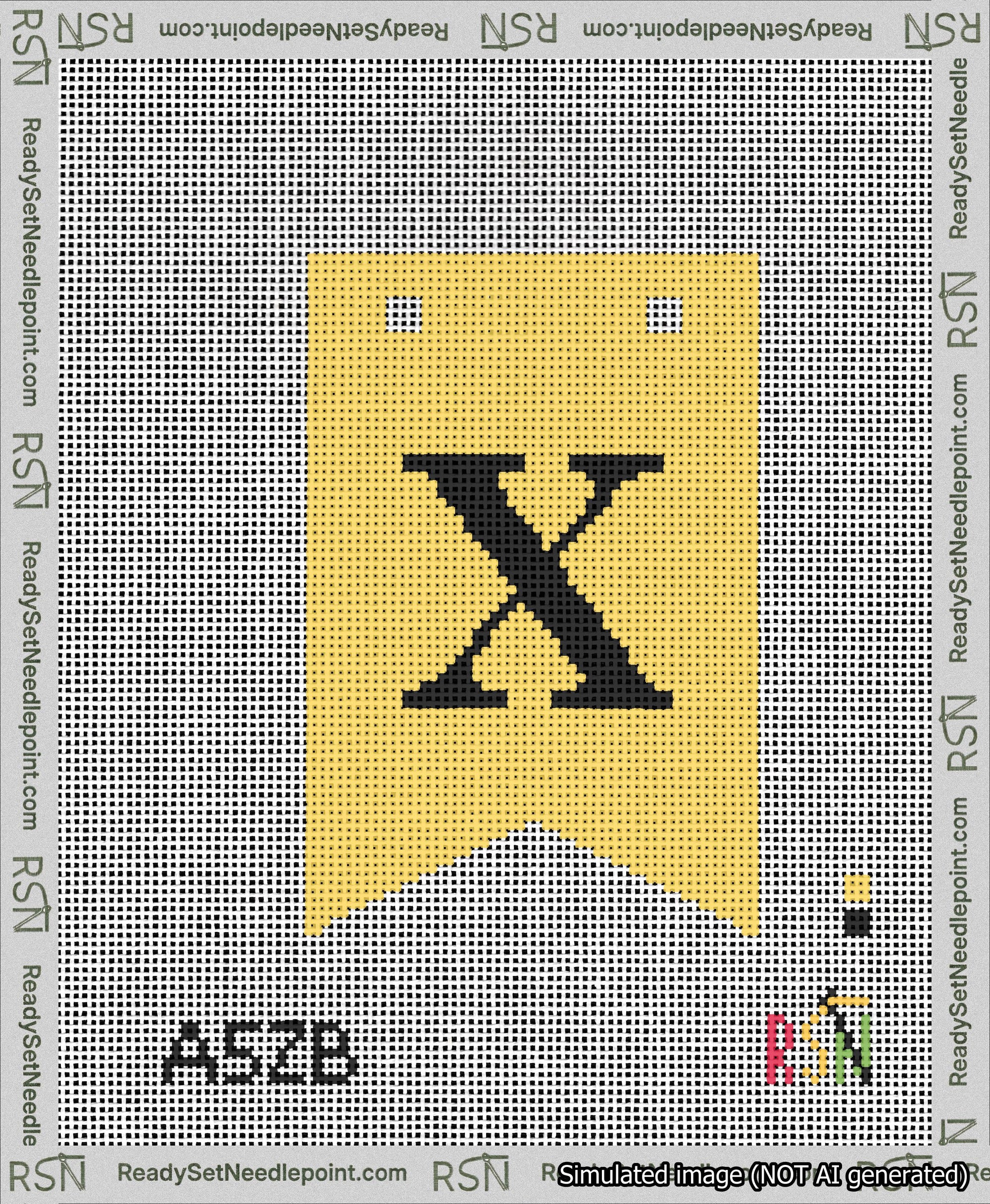 A taped needlepoint canvas with the design: Banner 13 mesh count Forked X Black on Yellow.