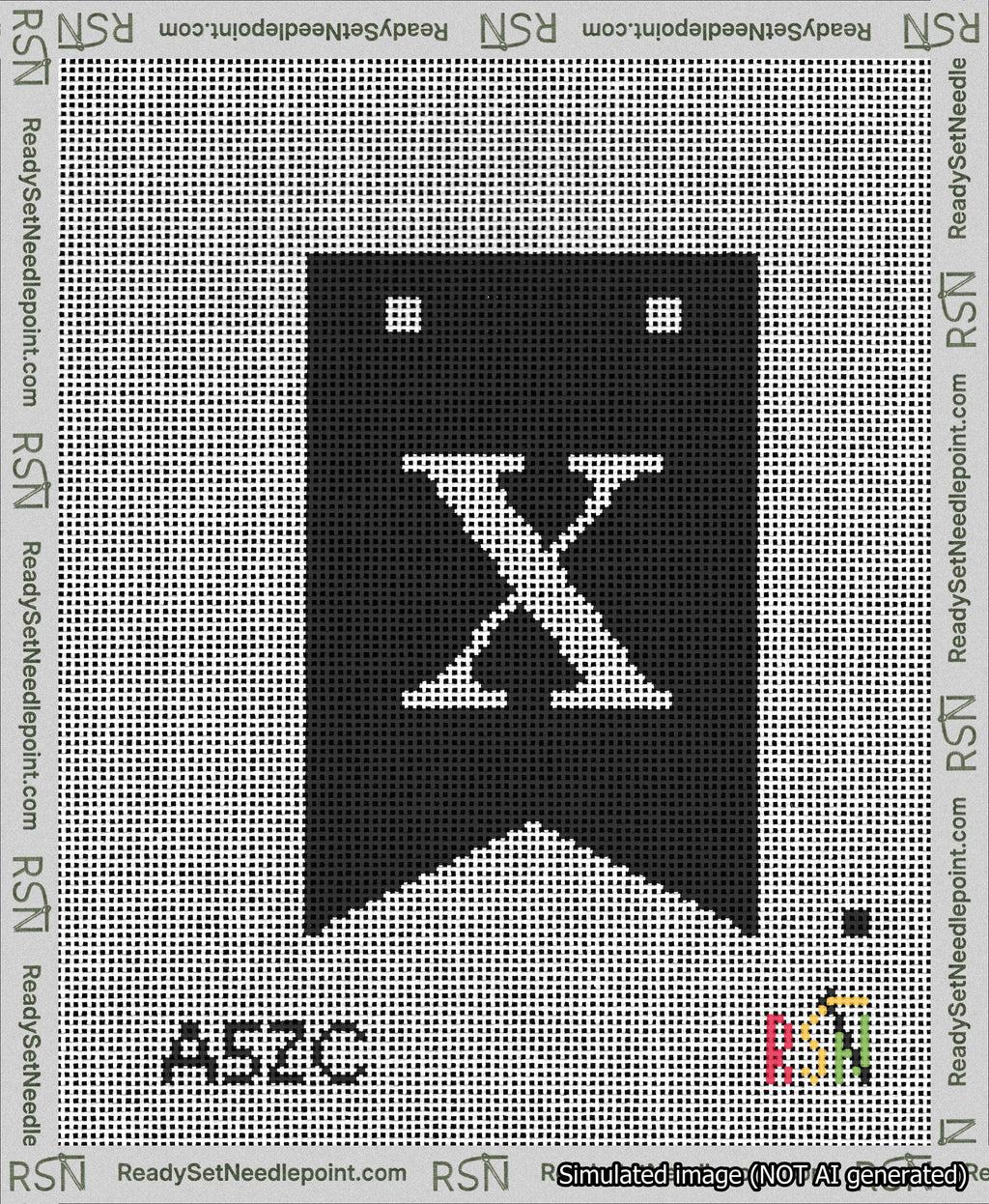 A taped needlepoint canvas with the design: Banner 13 mesh count Forked X White on Black.