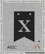 A taped needlepoint canvas with the design: Banner 13 mesh count Forked X White on Black.
