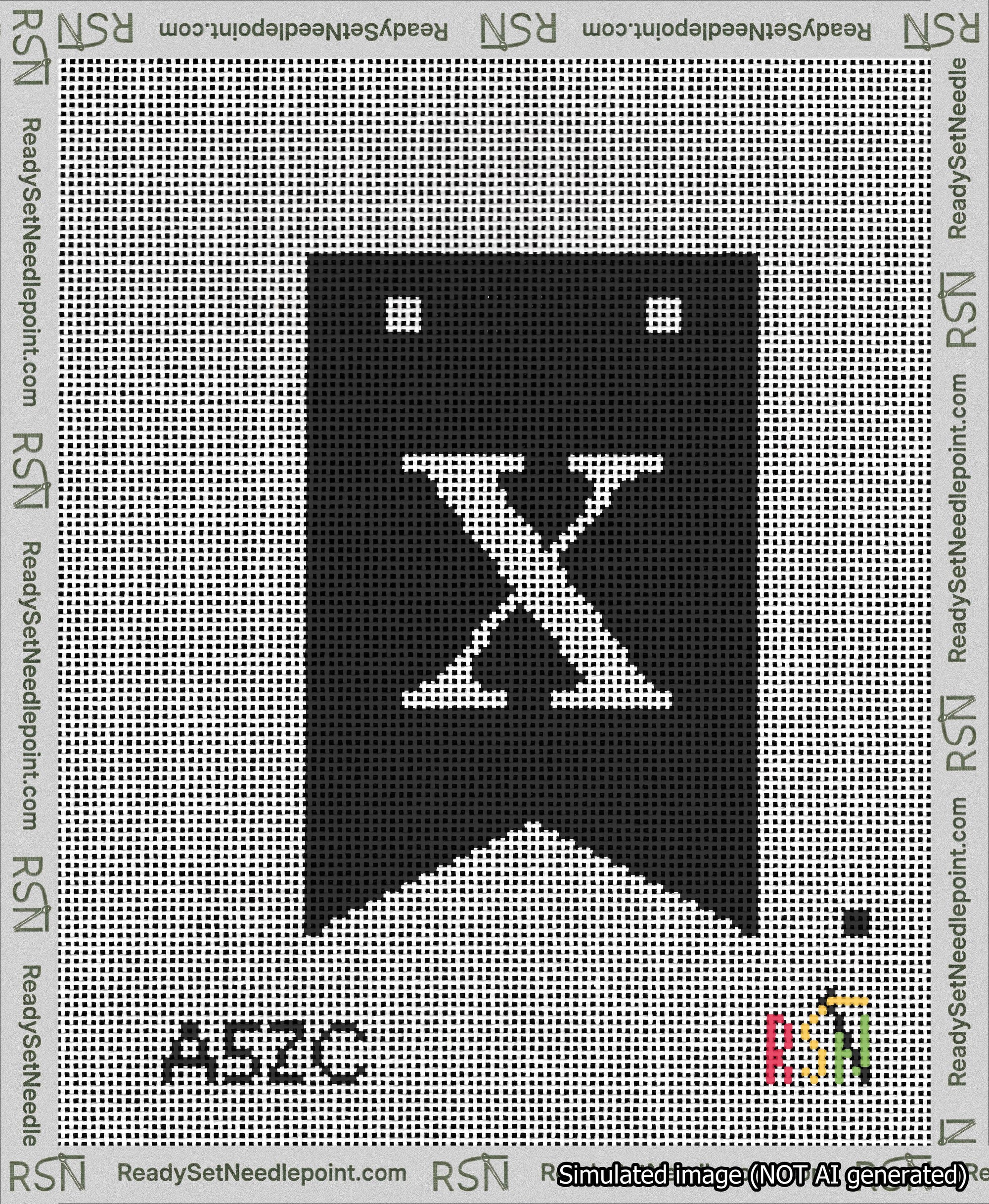 A taped needlepoint canvas with the design: Banner 13 mesh count Forked X White on Black.