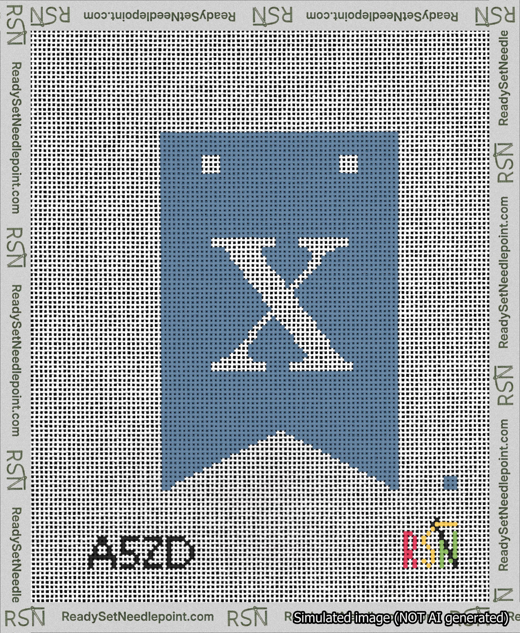 A taped needlepoint canvas with the design: Banner 13 mesh count Forked X White on Blue.