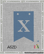 A taped needlepoint canvas with the design: Banner 13 mesh count Forked X White on Blue.