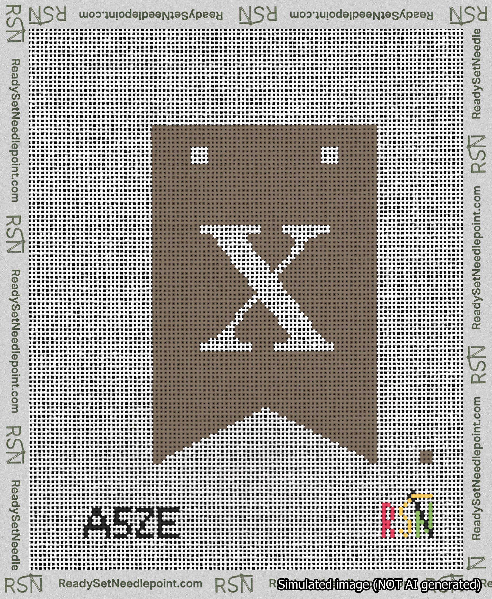A taped needlepoint canvas with the design: Banner 13 mesh count Forked X White on Brown.