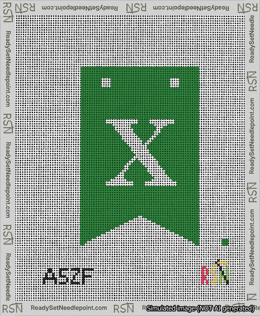 A taped needlepoint canvas with the design: Banner 13 mesh count Forked X White on Green.