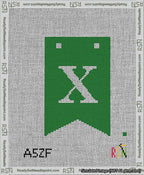 A taped needlepoint canvas with the design: Banner 13 mesh count Forked X White on Green.