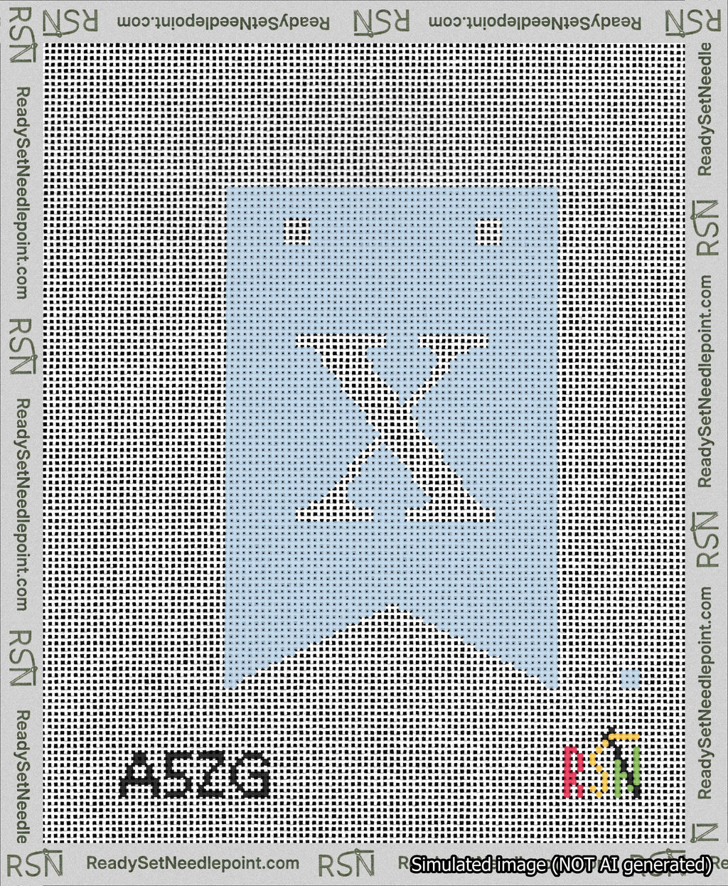 A taped needlepoint canvas with the design: Banner 13 mesh count Forked X White on Light Blue.